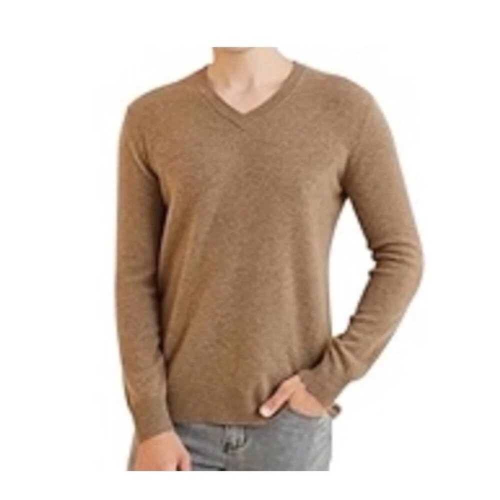 J.Crew Mens Large Cotton Cashmere blend Brown heathered ribbed  V-Neck Sweater
